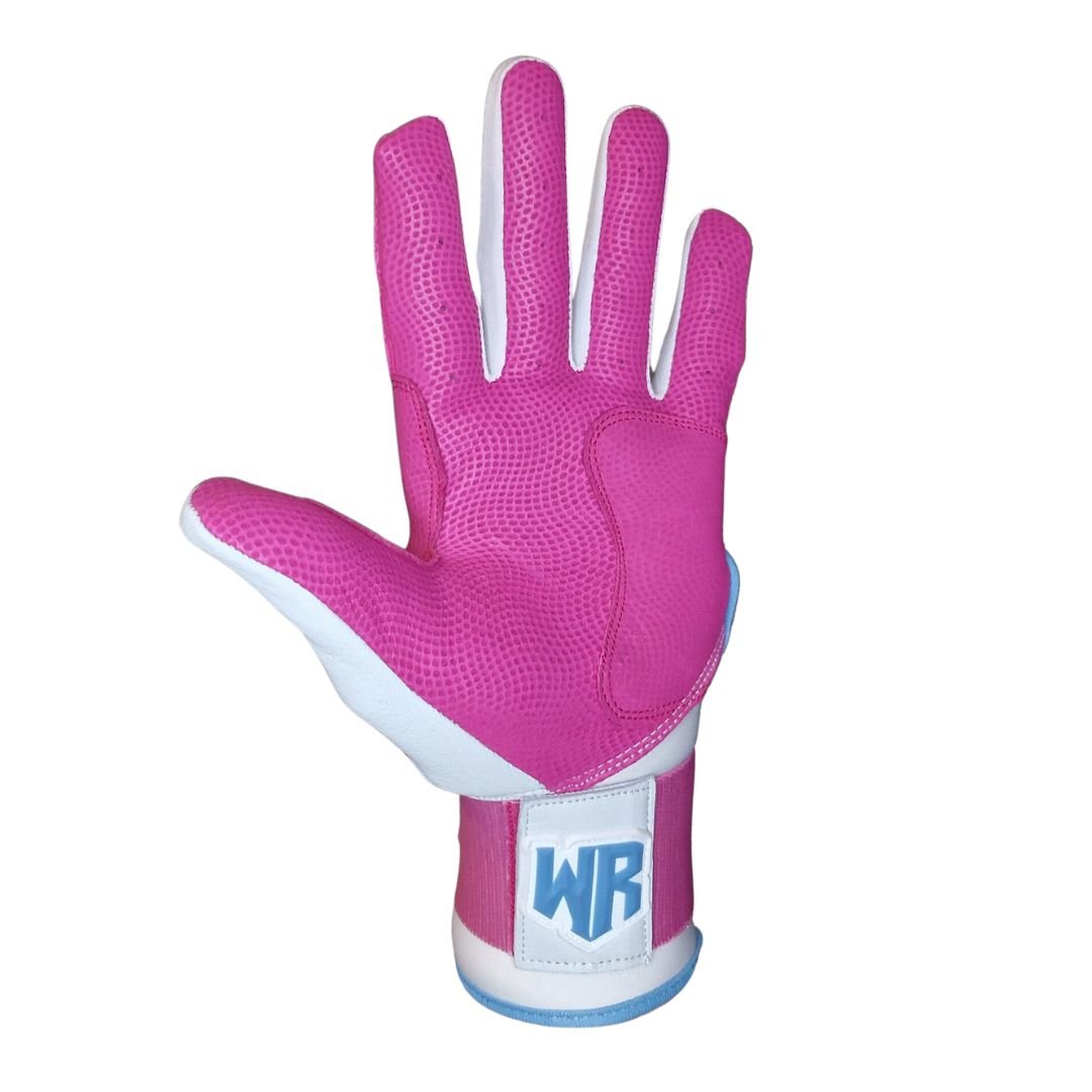 Windster Batting Glove - Long Cuff - White / Pink / Blue - Full Leather - Windster Baseball