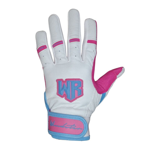 Windster Batting Glove - White / Pink / Blue - Full Leather - Windster Baseball