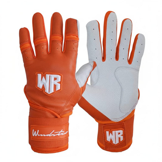 Windster Batting Glove - Long Cuff - Orange and White - Full Leather - Windster Baseball