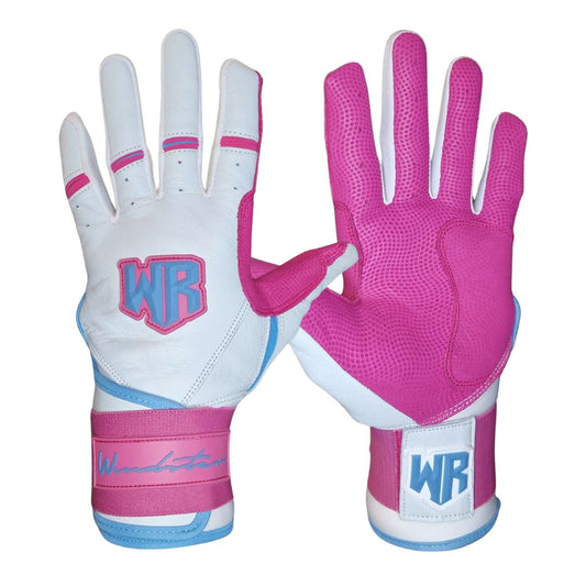Windster Batting Glove - Long Cuff - White / Pink / Blue - Full Leather - Windster Baseball