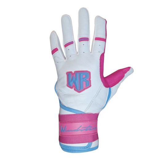 Windster Batting Glove - Long Cuff - White / Pink / Blue - Full Leather - Windster Baseball