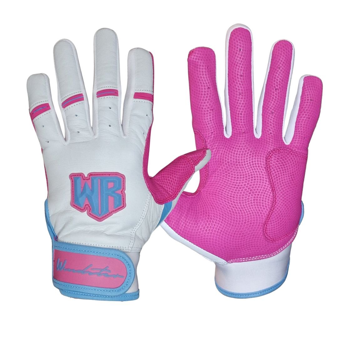 Windster Batting Glove - White / Pink / Blue - Full Leather - Windster Baseball
